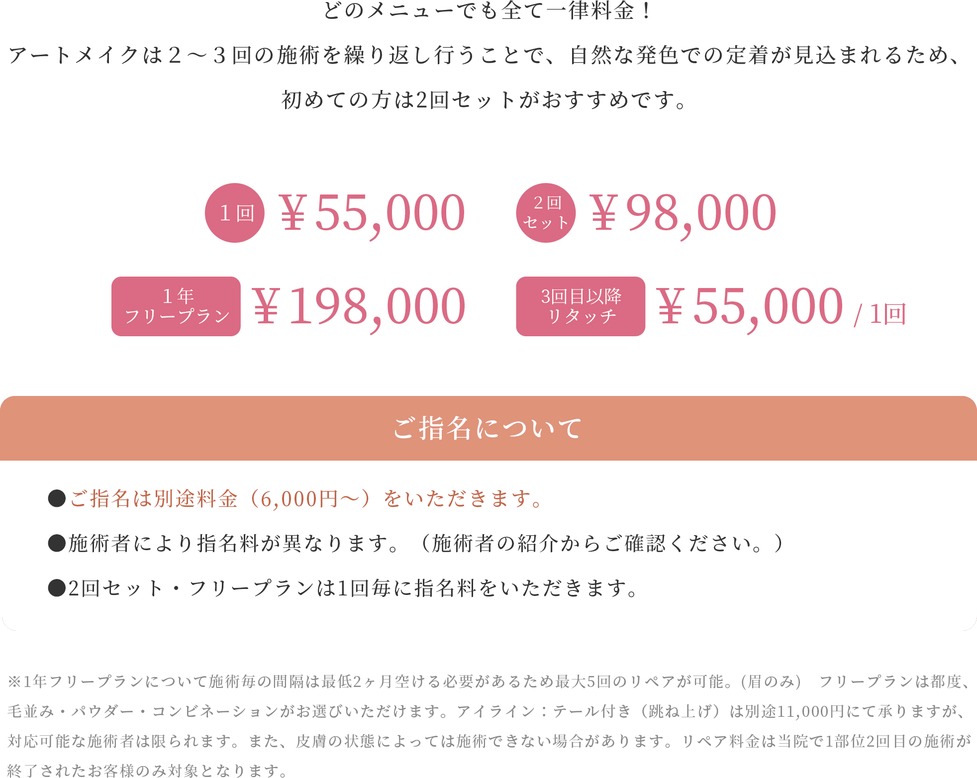 どのメニューでも全て一律料金! アートメイクは2~3回の施術を繰り返し行うことで、自然な発色での定着が見込まれるため、初めての方は2回セットがおすすめです。
1回¥ 55,000 2回セット¥ 98,000 1年フリープラン¥ 198,000 3回目以降リタッチ¥ 55,000 / 1回
ご指名について
●ご指名は別途料金(6,000円〜)をいただきます。
●施術者により指名料が異なります。(施術者の紹介からご確認ください。)
●2回セット・フリープランは1回毎に指名料をいただきます。
※1年フリープランについて施術毎の間隔は最低2ヶ月空ける必要があるため最大5回のリペアが可能。(眉のみ) フリープランは都度、毛並み・パウダー・コンビネーションがお選びいただけます。アイライン:テール付き(跳ね上げ)は別途11,000円にて承りますが、対応可能な施術者は限られます。また、皮膚の状態によっては施術できない場合があります。リペア料金は当院で1部位2回目の施術が終了されたお客様のみ対象となります。